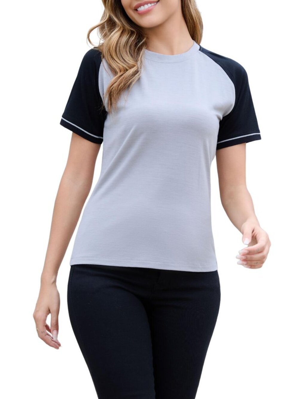 New Leadhalo Merino Wool Raglan Short Sleeve Top In Grey Black Size S